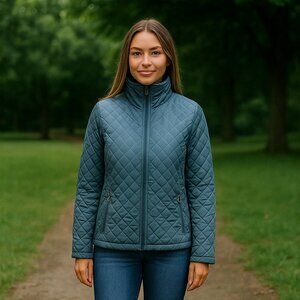 Calvin Klein Women Blue Full Zip Mock Neck Quilted Puffer Jacket Preppy Casual M